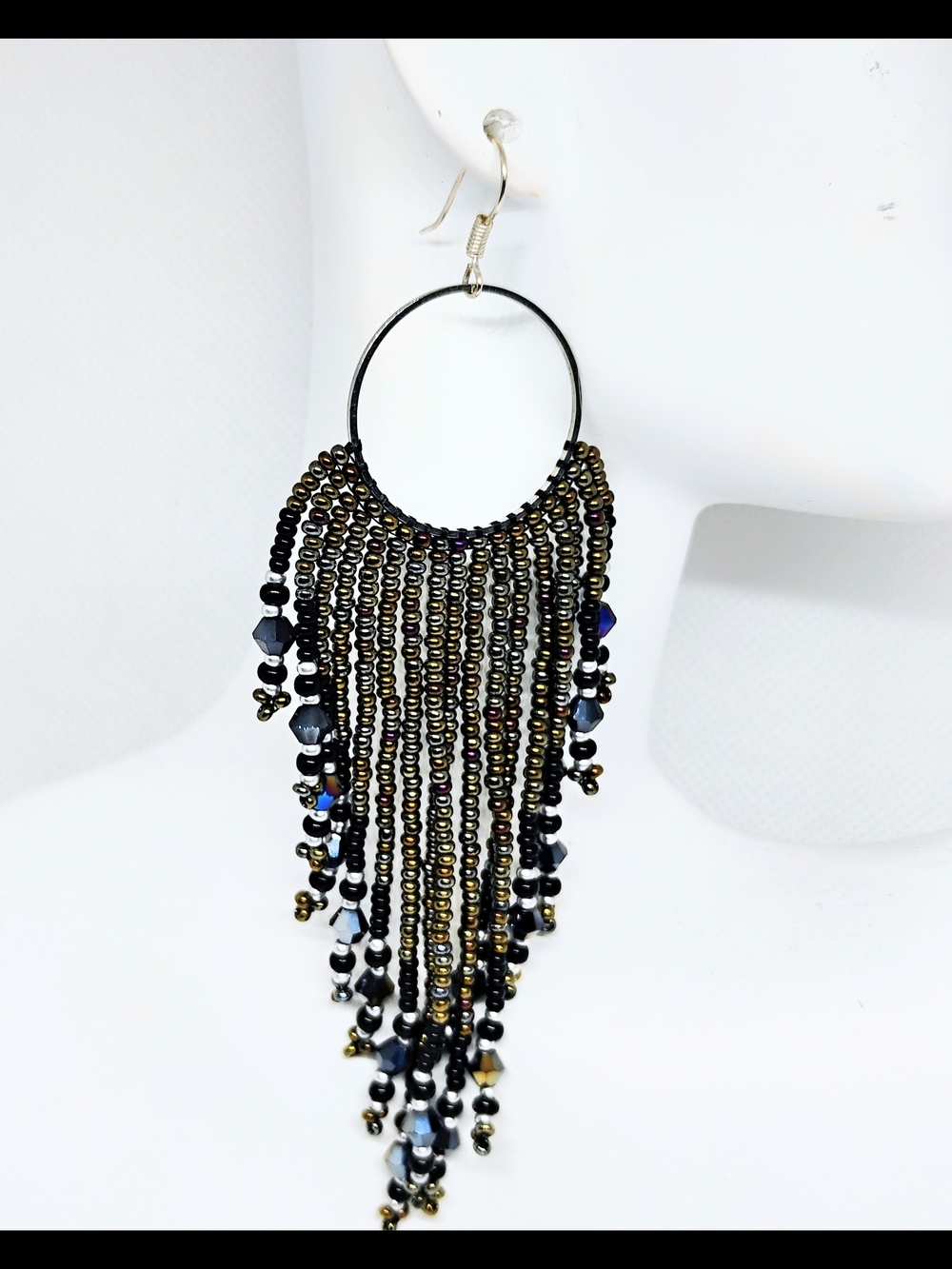 Hand Crafted Black and Gold Beaded Fringe Hoop Earrings with Blue Accents - Picture 1 of 1